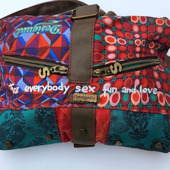 Desigual designer Crossbody Bag multi pattern green red embroidery leather - Picture 2 of 16